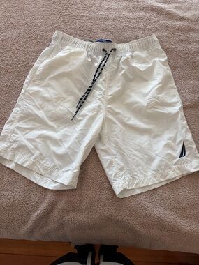 White Men’s Nautical Swim Shorts - Classic Drawstring Trunks Lining Cut Out.